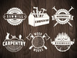 Woodwork badges. Vector logos for carpentry, sawmill, lumberjack service or woodwork shop. Set of labels on vintage wooden background.