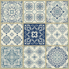 Naklejka na meble Collection of 9 seamless ceramic tiles with damask pattern, texture for wallpaper, web page background, fabric and wrapping paper design.