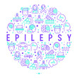 Epilepsy concept in circle with thin line icons of symptoms and treatments: convulsion, disorder, dizziness, brain scan. World epilepsy day. Vector illustration for banner, web page, print media.
