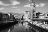 Fototapeta  - Bilbao, Spain city downtown with a Nevion River