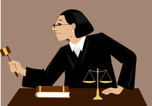 Female Judge With A Gavel Presides Over Court Proceeding, EPS 8 Vector Illustration