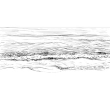 Vector Summer Seascape Sketch. Seaside View And Beach