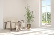 © AntonSh - White room with armchair and green landscape in window. Scandinavian interior design. 3D illustration