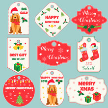 Set Of Holiday Tags And Badges With New Year And Christmas Decoration. Perfect For The Year Of Dog 2018