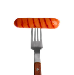 Sticker - Fork with delicious grilled sausage on white background