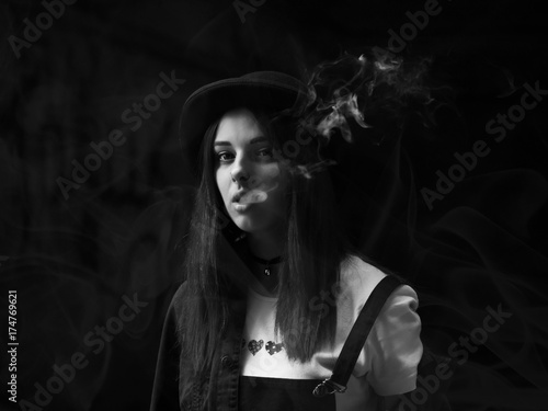 Emo Girl Smoking Cigarette Street Punk Or Hipster Woman With Blue