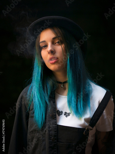 Emo Girl Smoking Cigarette Street Punk Or Hipster Woman With
