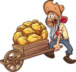 Cartoon miner with a wheelbarrow full of gold. Vector clip art illustration with simple gradients. All in a single layer.