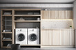 White and wooden laundry room interior close up
