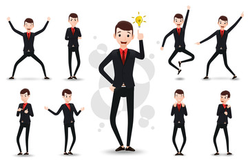 Wall Mural - Male Funny Black African Businessman 2D Character Ready to Use Set, Wearing Suit and Tie Standing Position with Different Facial Expressions and Gestures in Isolated White Background
