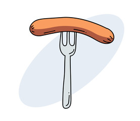 Wall Mural - Sausage on fork cartoon hand drawn image. Original colorful artwork, comic childish style drawing.