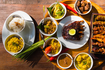 Traditional balinese sea food with satay and curry in Bali, Indonesia