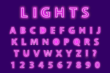Modern trendy pink neon alphabet on a purple background. LED glowing letters font. Luminescent number. Vector illustration