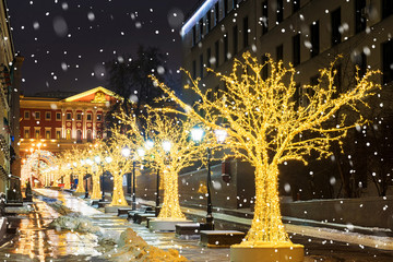 Christmas in Moscow. Festively decorated Stoleshnikov lane in Moscow