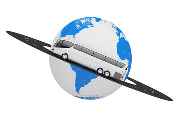 Poster - Big White Coach Tour Bus over Road Around Earth Globe. 3d Rendering