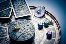 Zodiac Ring With Sun, Dice With Astrology Symbols, Tarot Cars, Magic Pentagram And Pendulum