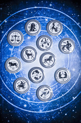 Wall Mural - zodiac signs over astrology background in blue tonality