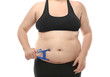 © Africa Studio - Overweight woman with measuring caliper on white background. Weight loss concept