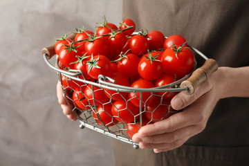 Poster - Woman holding metal basket with ripe cherry tomatoes on blurred background