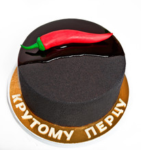 Men's Black Cake With Red Pepper With The Inscription In Russian "Cool Peppers", On A White Background