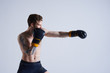 © Anatoliy Karlyuk - Profile of young businessman in trunks and gloves reaching out one hand as if punching invisible opponent or heavy bag, relieving stress after hard working day at office. People and active lifestyle
