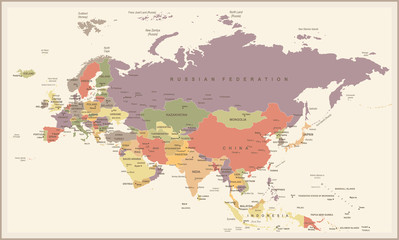 Wall Mural - Eurasia Europa Russia China India Indonesia Thailand Map - Vintage Vector Illustration