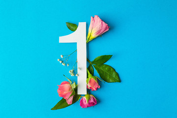 Poster - Composition with number 1 and beautiful flowers on color background