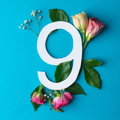 Wall Mural - Composition with number 9 and beautiful flowers on color background