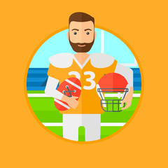 Canvas Print - A hipster rugby player with the beard holding ball and helmet in hands. Male rugby player in uniform standing on rugby stadium. Vector flat design illustration in the circle isolated on background.