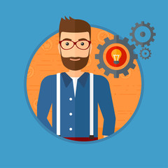 Wall Mural - A hipster man with business idea bulb in gear. Young businessman having a business idea. Successful business idea concept. Vector flat design illustration in the circle isolated on background.