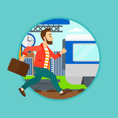 Poster - Latecomer man running along the platform to reach the train. Man came too late at train station. Man with briefcase chasing train. Vector flat design illustration in the circle isolated on background.