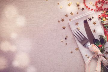 Wall Mural - New Year eve 2024, Christmas food lunch, dinner table place setting, festive background