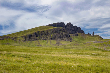 Lush, green, clear summer view of The Old Man of Storr on the Isle of Skye in Scotland.