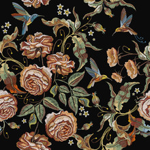 Roses Embroidery Seamless Pattern. Classical Embroidery Vintage Buds Of Roses And Humming Birds. Fashionable Template For Design Of Clothes, T-shirt Design, Tapestry Flowers Renaissance Style