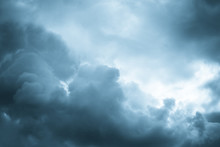 Blue Dramatic Clouds Background. Storm Clouds Overcast Sky Background. Toned