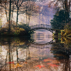 Poster - Sunrise golden autumn scene in the park, with bridge over pond and leaves under water, the sun rays shining through the trees and morning fog.