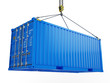 Delivery, cargo, shipping concept - blue cargo container hoisted by crane hook isolated on white. 3d illustration