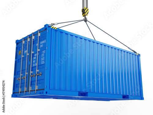 Fotografía Delivery, cargo, shipping concept - blue cargo container hoisted by crane hook isolated on white