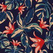 Flowers and leaves seamless dark blue background