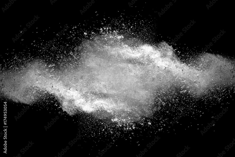 Explosion of white dust on black background. - obrazy, fototapety, plakaty 