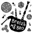 Vector Celtic symbols and biniou breton bigpipe silhouette with sign Breizh Ma Bro