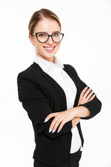 Wall Mural - Vertical image of smiling blonde business woman in eyeglasses