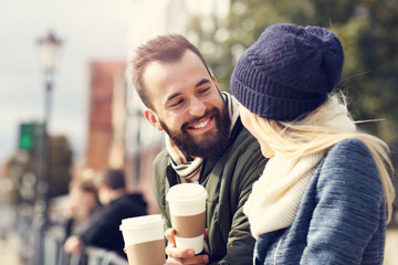 Wall Mural - Picture showing happy young couple dating in the city