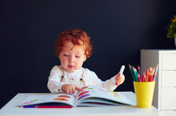 Wall Mural - cute redhead baby boy drawing in developing book at the desk