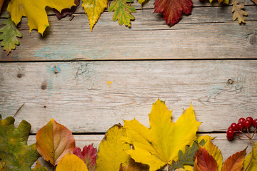 Autumn leaves on wooden boards