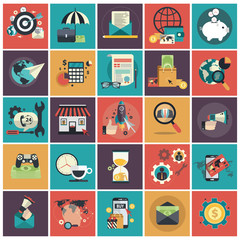 Wall Mural - Set of flat design icons for business, pay per click, creative process, searching, time is money, on line shopping. Icons for website development and mobile phone services and apps.