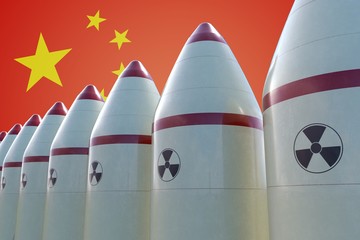 Wall Mural - Nuclear missiles and Chinese flag in background. 3D rendered illustration.