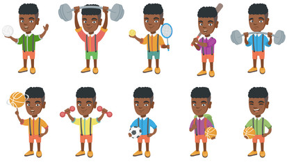 Wall Mural - Little african-american boy set. Boy holding volleyball and basketball ball, tennis racket, baseball bat, lifting a heavy barbell. Set of vector cartoon illustrations isolated on white background.