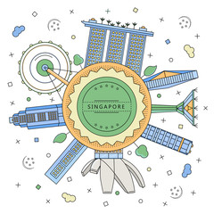 Round badge with Singaporean buildings