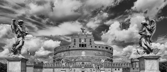 Wall Mural - Castel Sant'Angelo with clouds in Rome (Black and White)